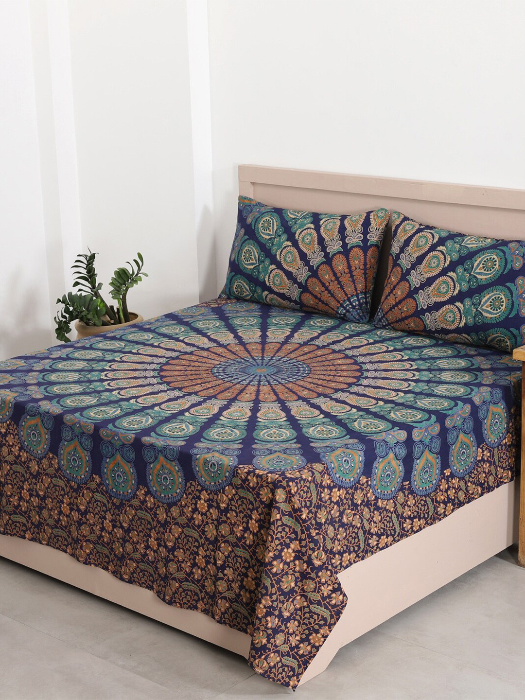 HANDICRAFT PALACE Blue Ethnic Motifs Cotton 144 TC Queen Bedsheet with 2 Pillow Covers-85 x 95 inches