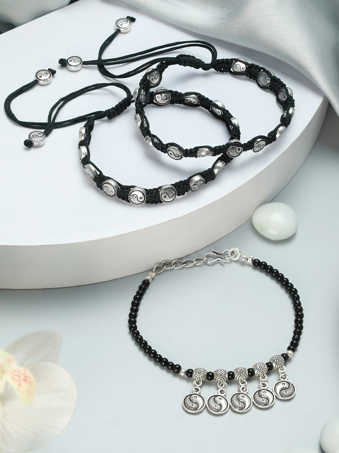 Jazz and Sizzle Set Of 3 Silver-Plated S-Hook Black Beaded Anklets