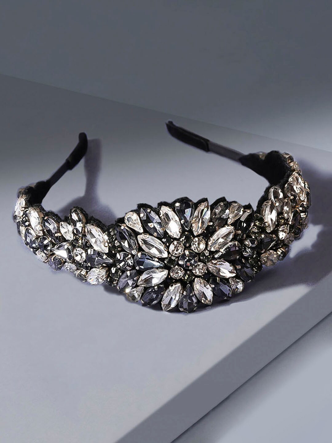 HAIR DRAMA CO. Women Grey & Silver-Toned Crystal Embellished Broad Rosemary Headband