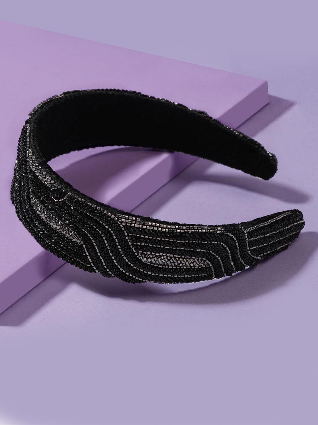 Hair Drama Co. Women Black & Silver Glass Crystal Bead Flat Headband Hair Hoops