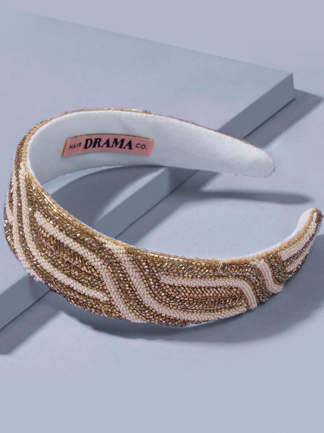 Hair Drama Co. Women White & Gold Glass Crystal Bead Flat Headband Hair Hoops