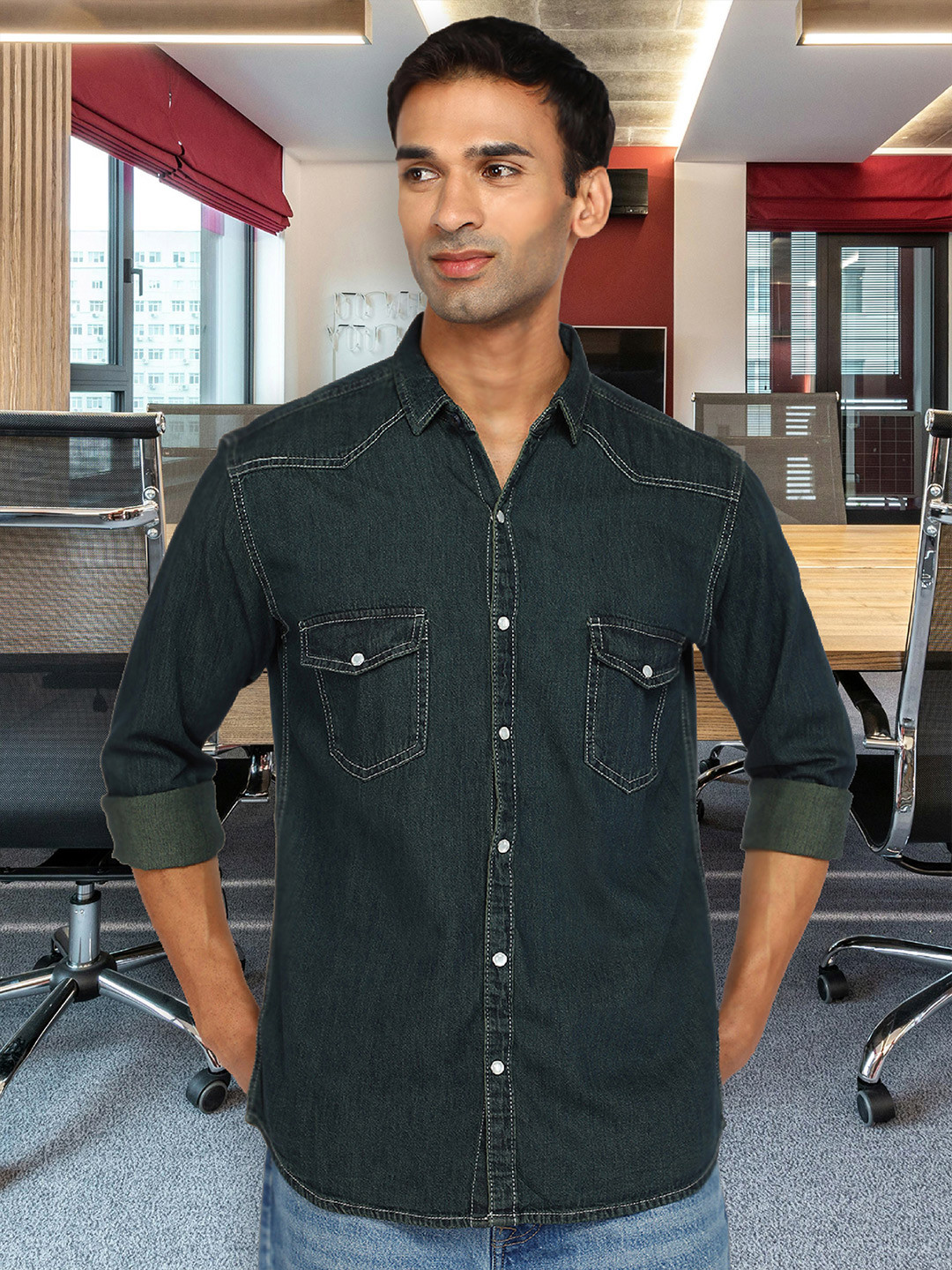 Kuons Avenue Smart Slim Fit Spread Collar Denim Shirt