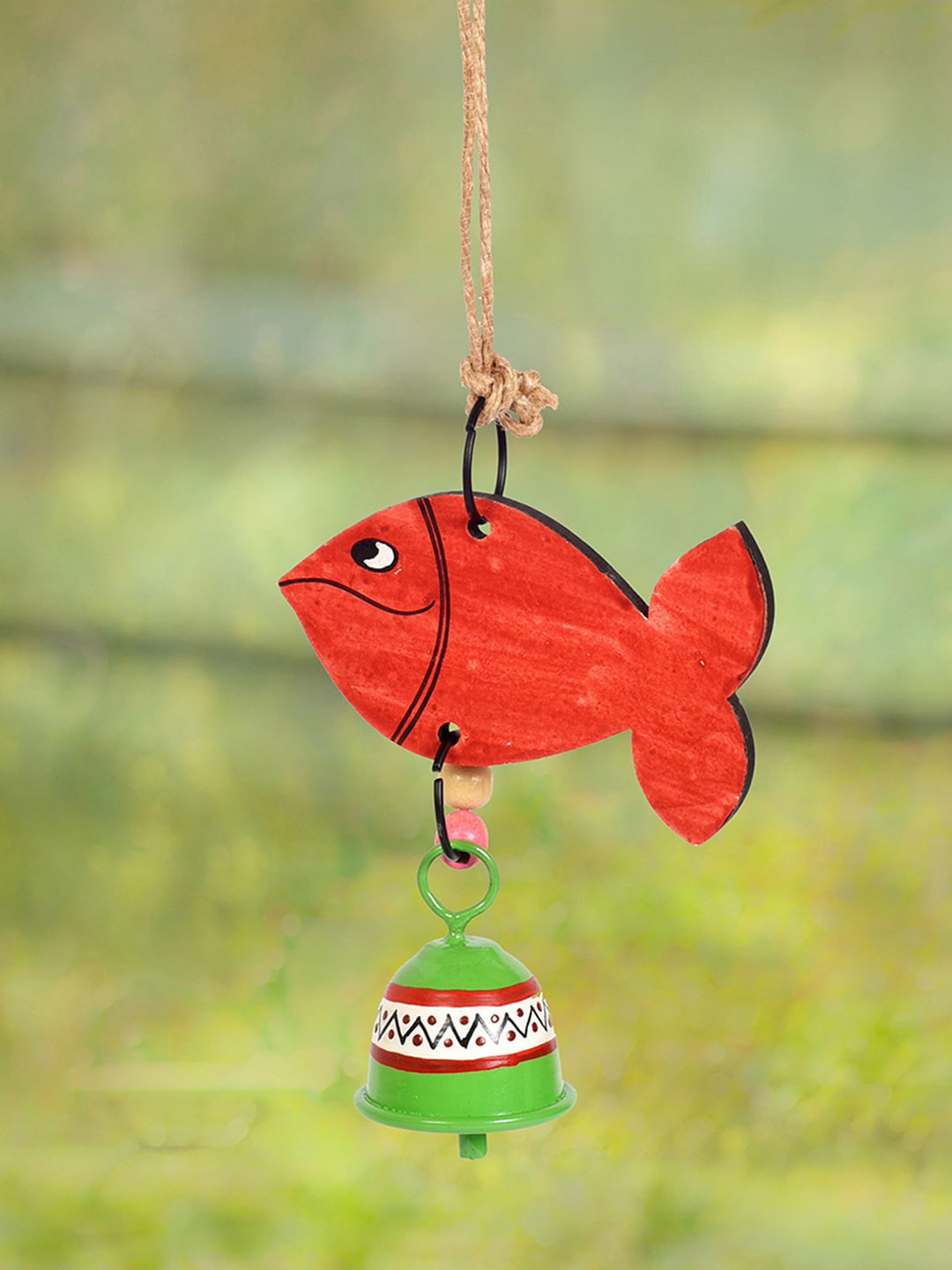 AAKRITI ART CREATIONS Red & Green Fish With Bell Wooden & Metal Windchime