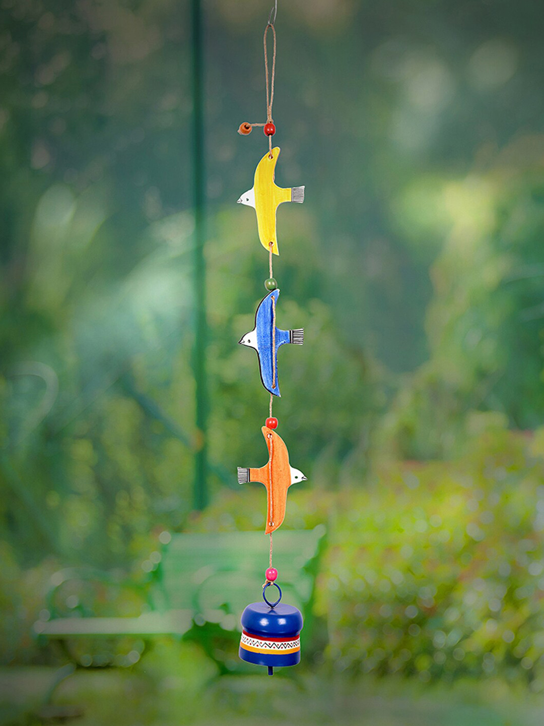 AAKRITI ART CREATIONS Blue & Yellow Wooden Bird Windchime