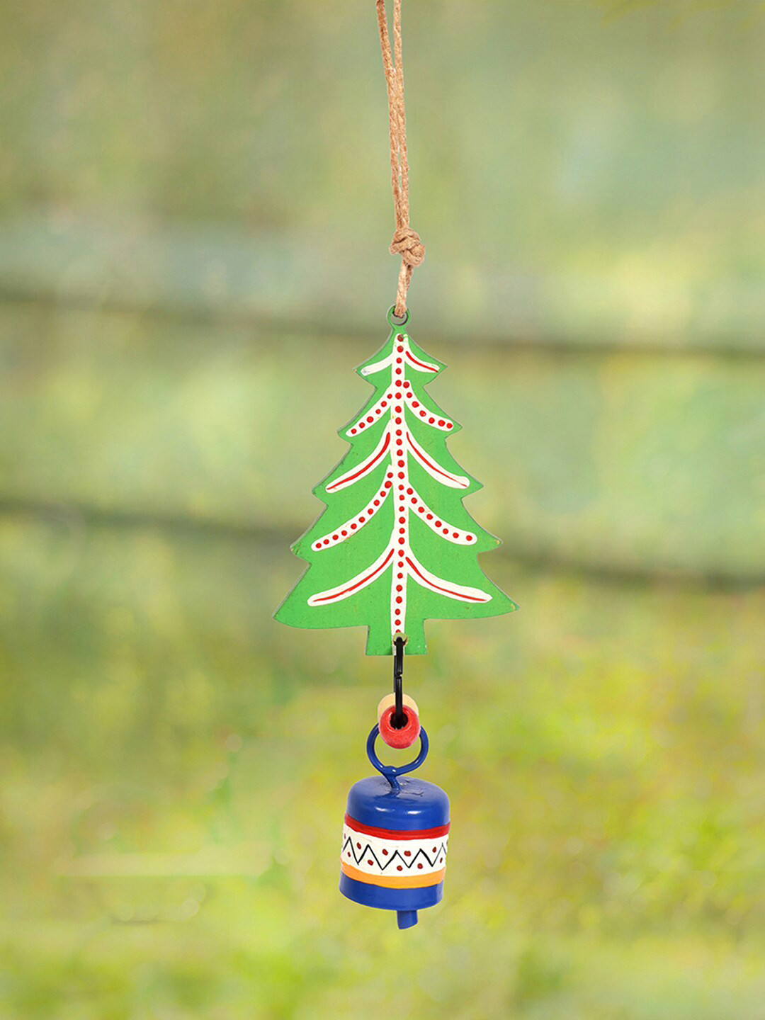 AAKRITI ART CREATIONS Green & Blue Wooden & Metal Christmas Tree Windchime