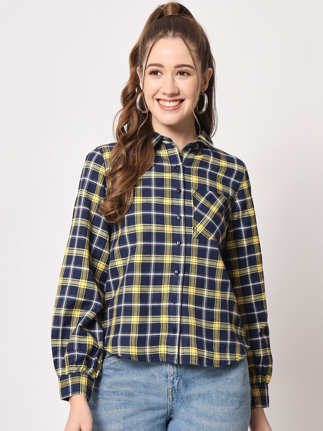 D 'VESH Comfort Tartan Checked Spread Collar Cotton Casual Shirt