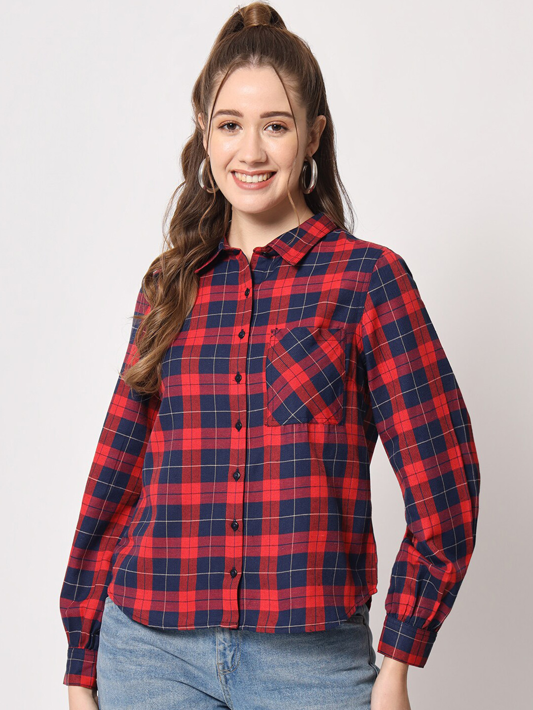 D 'VESH Comfort Tartan Checked Spread Collar Cotton Casual Shirt