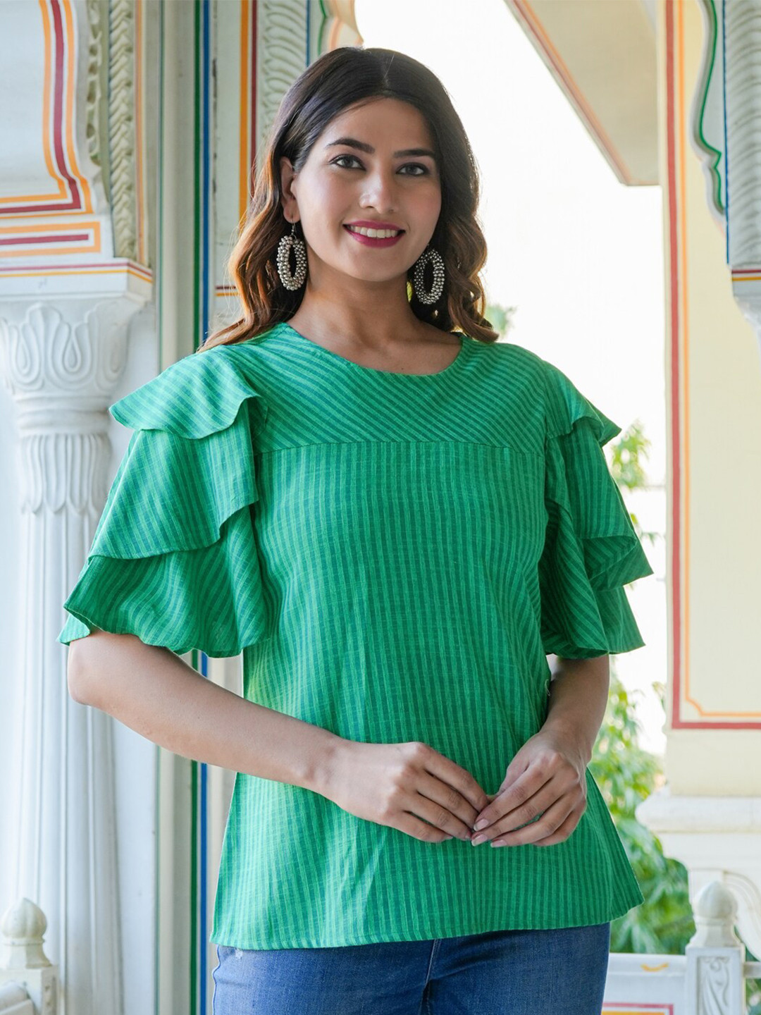 YASH GALLERY Vertical Striped Bell Sleeve Top
