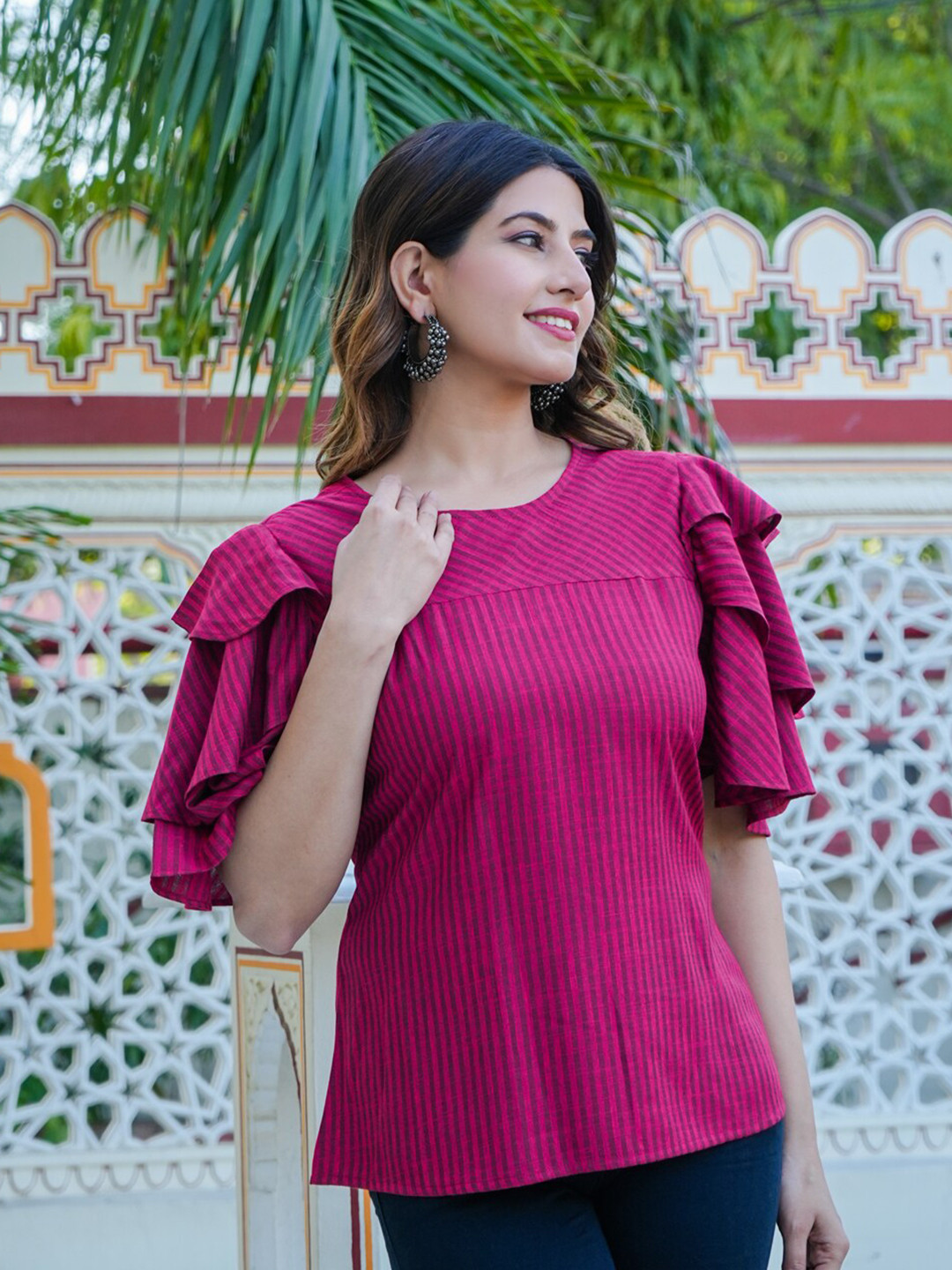 YASH GALLERY Vertical Striped Bell Sleeve Top