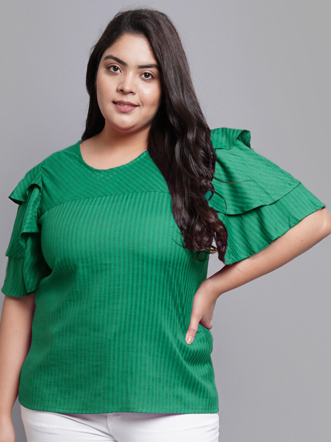YASH GALLERY Plus Size Vertical Striped Bell Sleeve Top