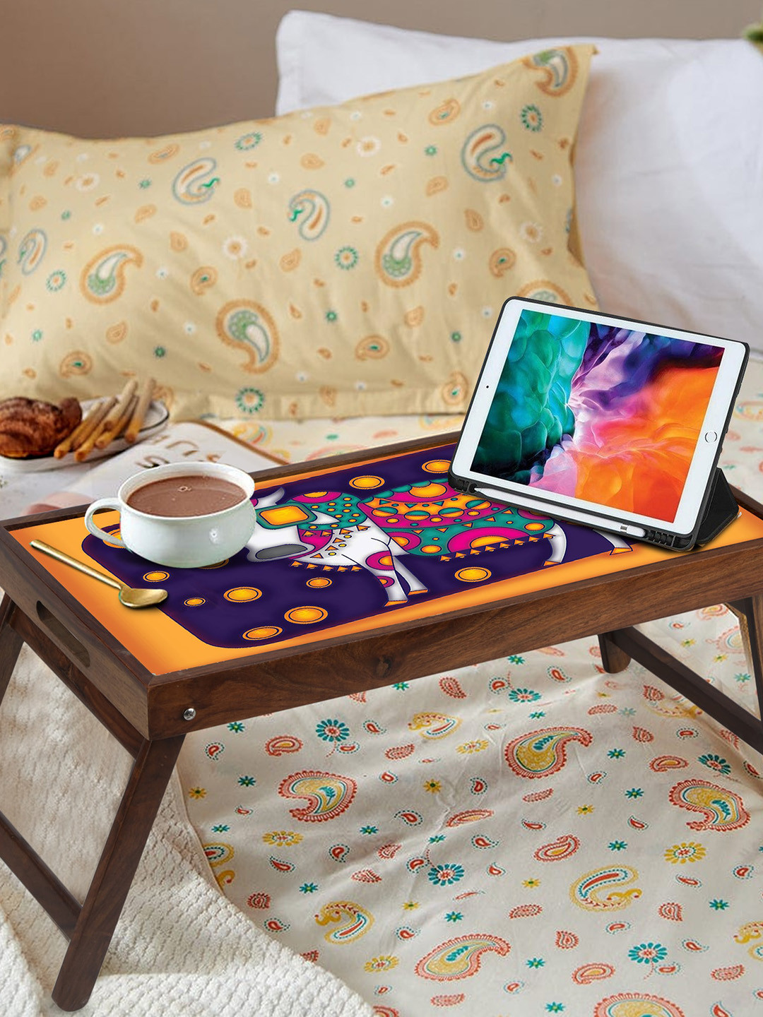 GLOBALLY INDIAN Printed Wooden Breakfast Table Cum Serving Tray