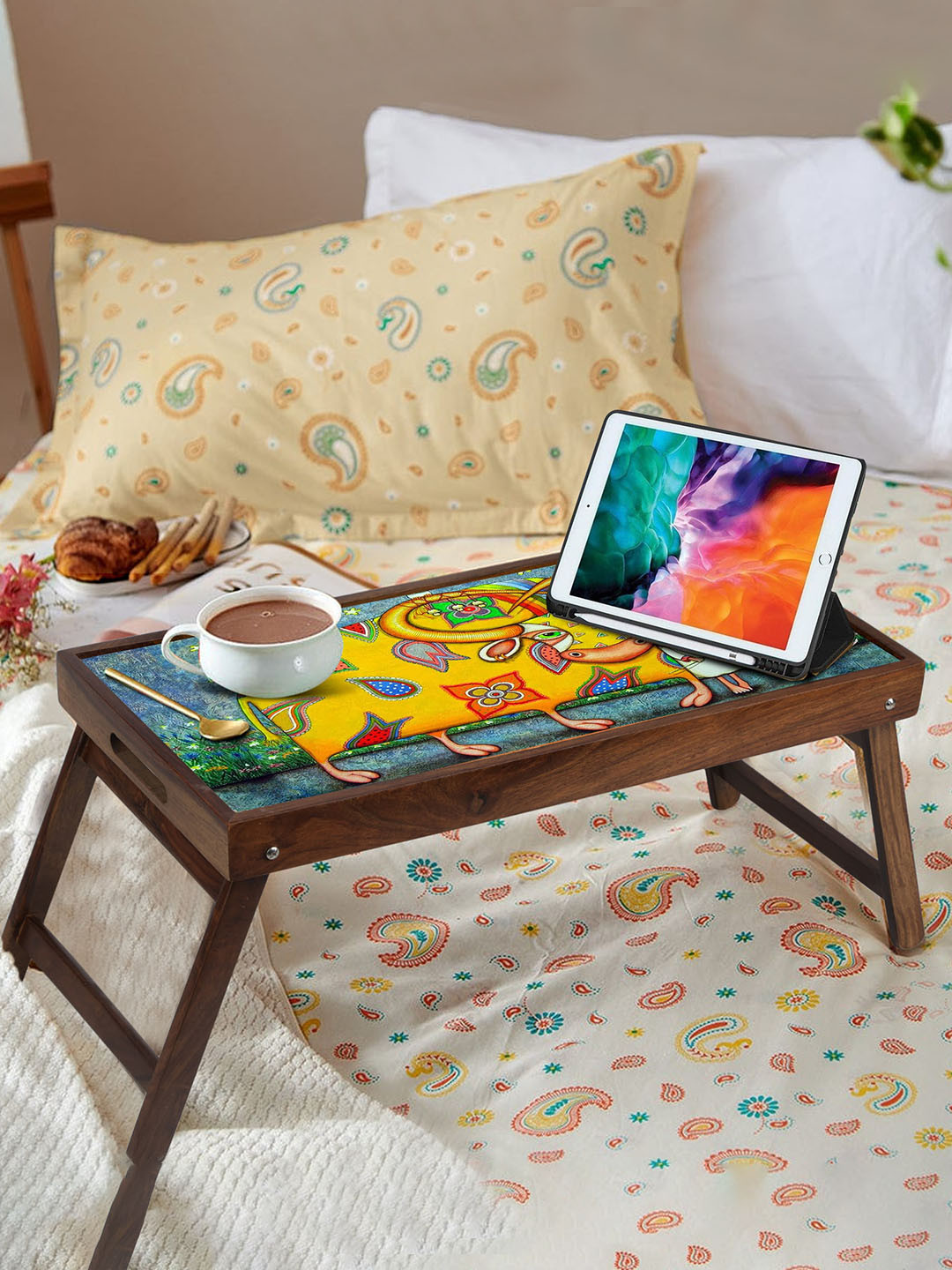 GLOBALLY INDIAN Brown & Yellow Printed Foldable Breakfast Table Cum Serving Tray