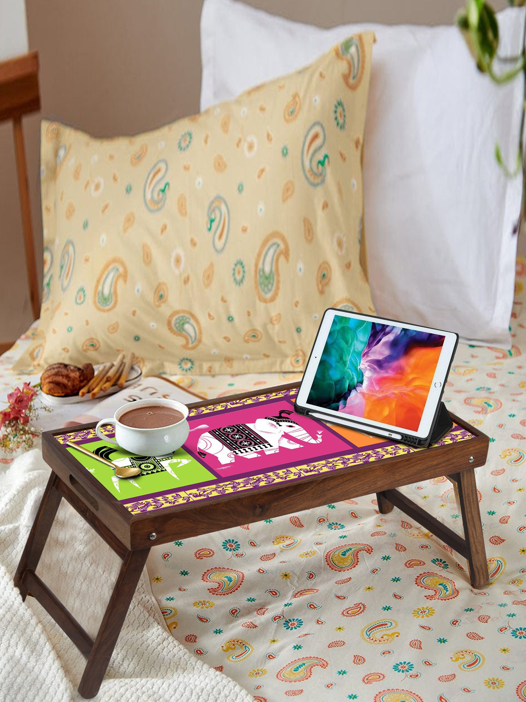 GLOBALLY INDIAN Brown & Purple Printed Foldable Breakfast Table Cum Serving Tray