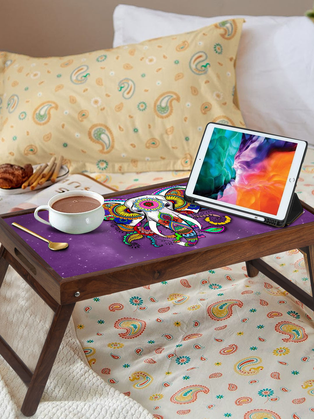 GLOBALLY INDIAN  Purple & Brown Printed Foldable Breakfast Table Cum Serving Tray