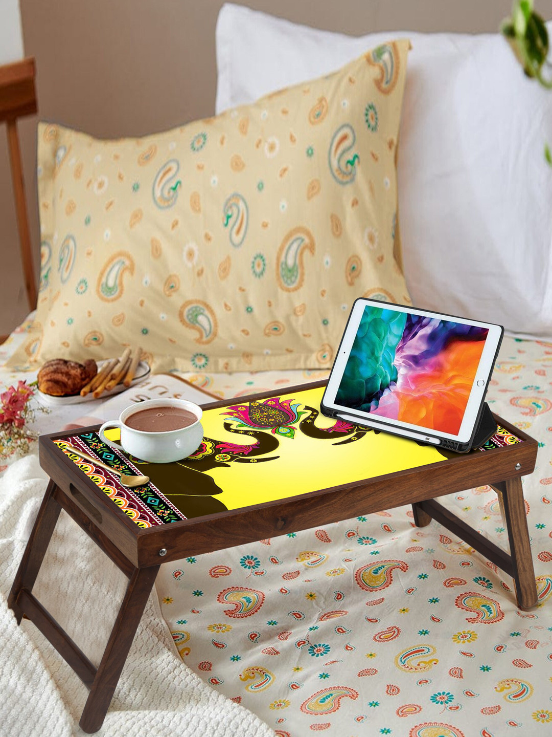 GLOBALLY INDIAN Yellow & Brown Printed Wooden Breakfast Table Cum Serving Tray