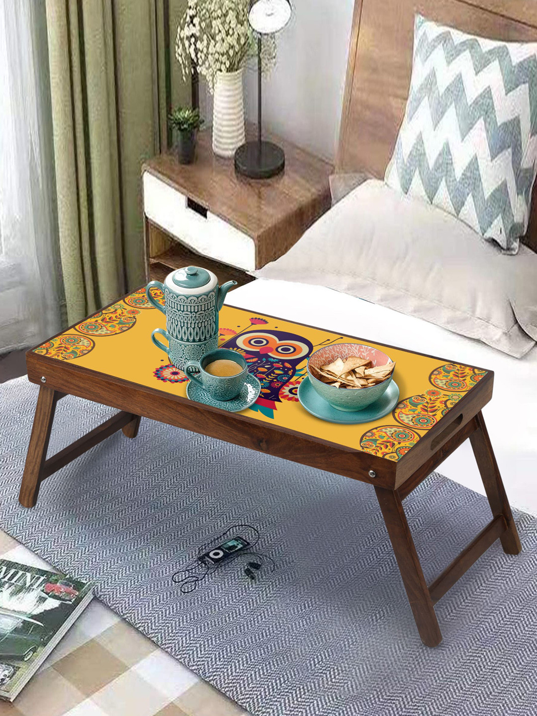 GLOBALLY INDIAN Orange-Colored & Brown Printed Foldable Breakfast Table Cum Serving Tray