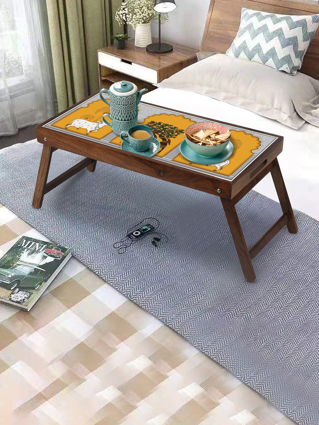 GLOBALLY INDIAN Yellow Printed Foldable Breakfast Table Cum Serving Tray
