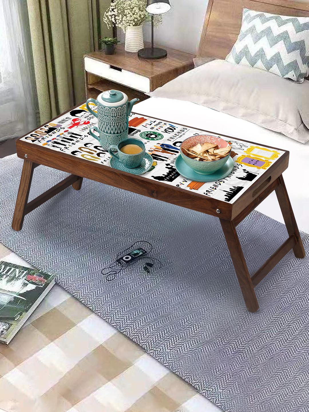 GLOBALLY INDIAN Brown & White Printed Foldable Breakfast Table Cum Serving Tray