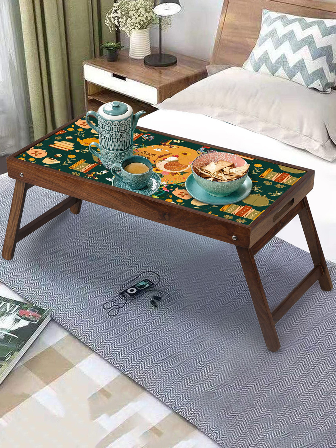 GLOBALLY INDIAN Green & Brown Digital Printed Breakfast Table Cum Serving Tray
