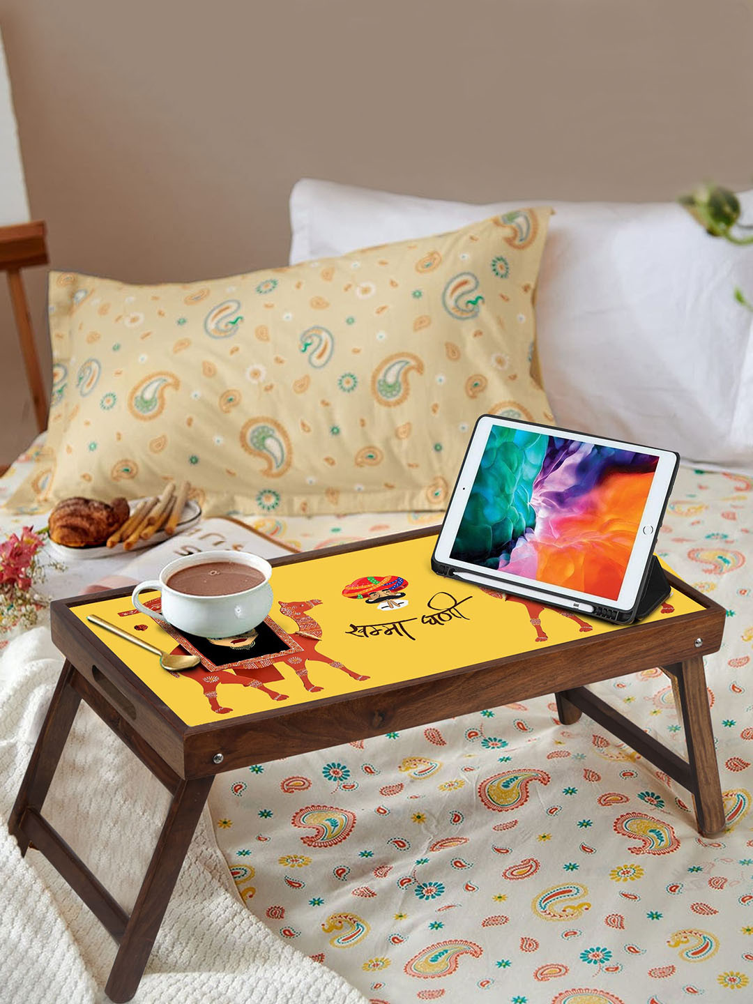GLOBALLY INDIAN Yellow & Brown Digitally Printed Foldable Breakfast Table Cum Serving Tray