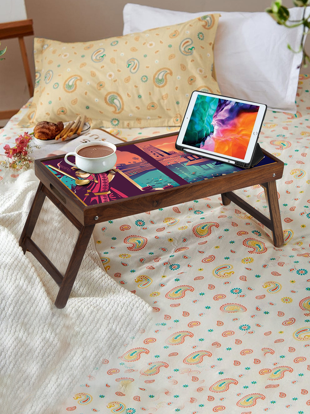 GLOBALLY INDIAN Brown & Orange Colored Printed Foldable Breakfast Table Cum Serving Tray