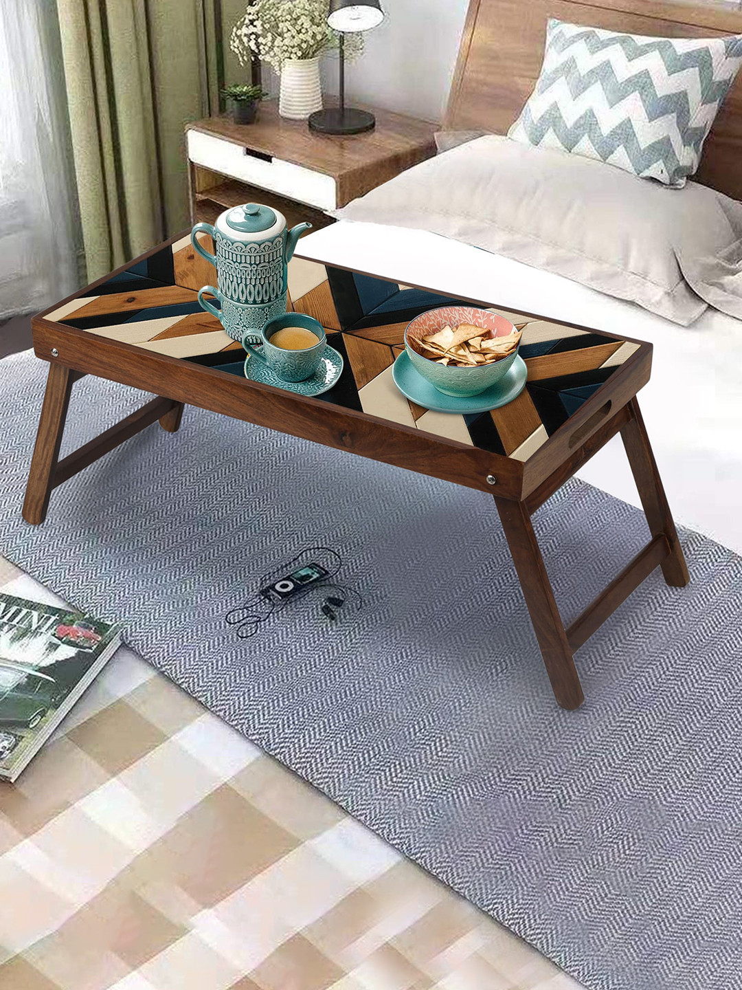 GLOBALLY INDIAN Brown & Blue Parquet Wooden Breakfast Table Cum Serving Tray