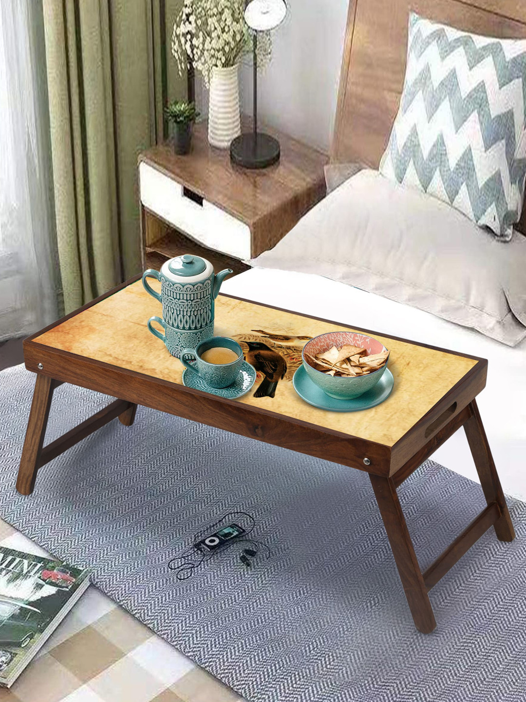 GLOBALLY INDIAN Beige-Colored & Brown Printed Foldable Breakfast Table Cum Serving Tray