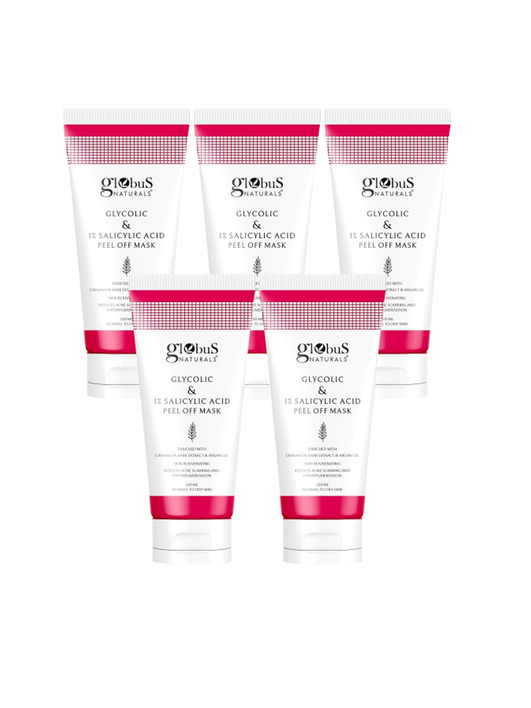 Globus naturals Set Of 5 Glycolic & 1% Salicylic Acid Anti Acne Peel Off Mask - 100ml Each