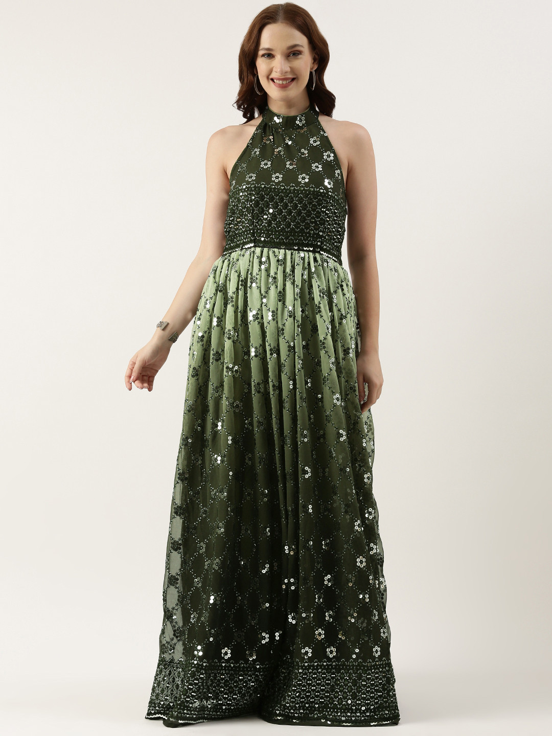 Ethnovog Embellished Embroidered Halter Neck Georgette Maxi Dress