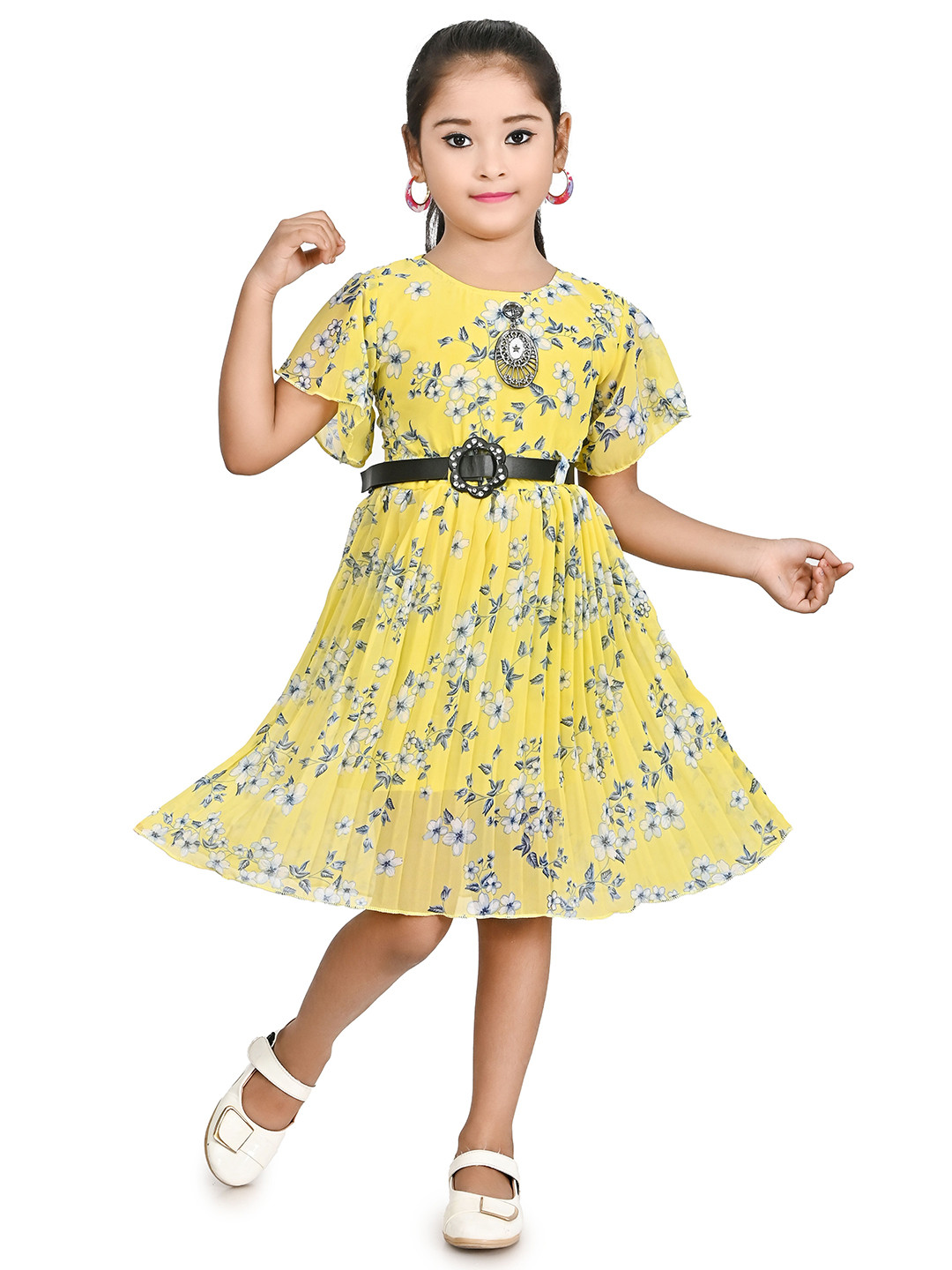 carrydreams Yellow Floral Print Flared Sleeve Georgette Fit & Flare Dress