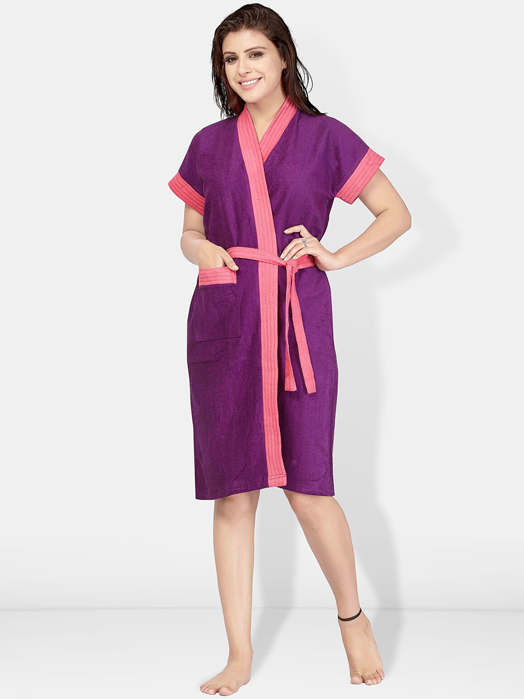 Be You Violet Solid Cotton Drawstring Knee Length Bath Robe