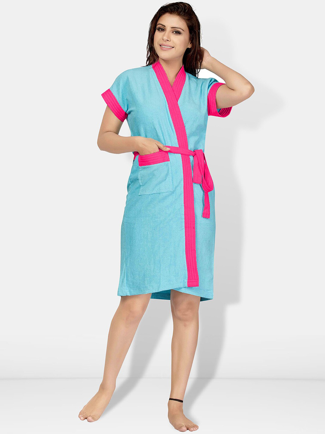 Be You Two-Tone Blue Solid Cotton Drawstring Knee Length Bath Robe