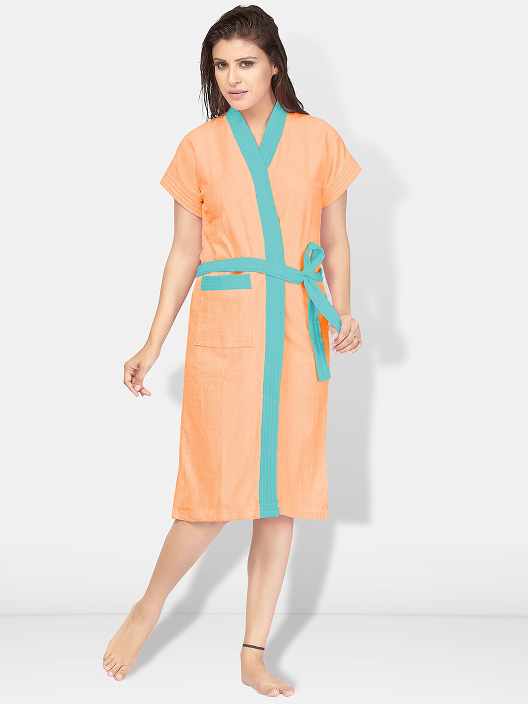 Be You Two-Tone Peach Solid Cotton Drawstring Knee Length Bath Robe-L/XL