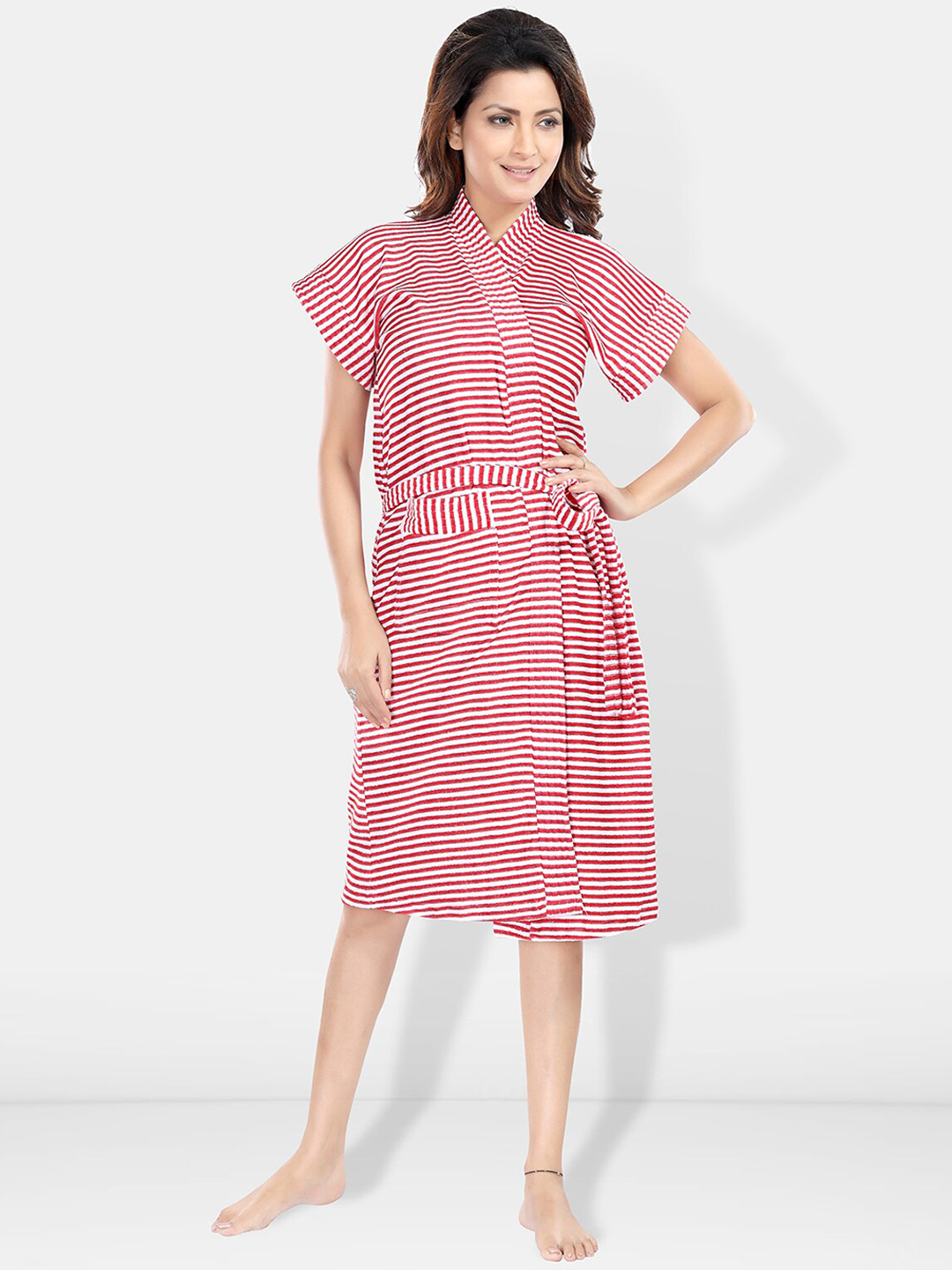 Be You Red Striped Cotton Drawstring Knee Length Bath Robe-2XL