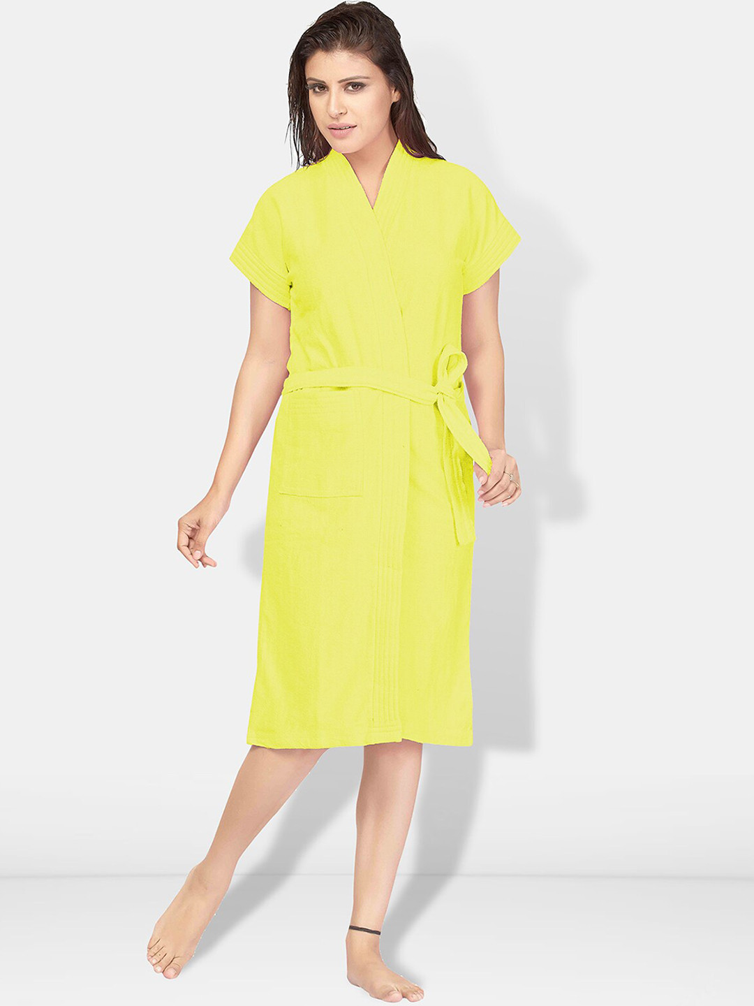 Be You Yellow Solid Cotton Drawstring Knee Length Bath Robe-L/XL