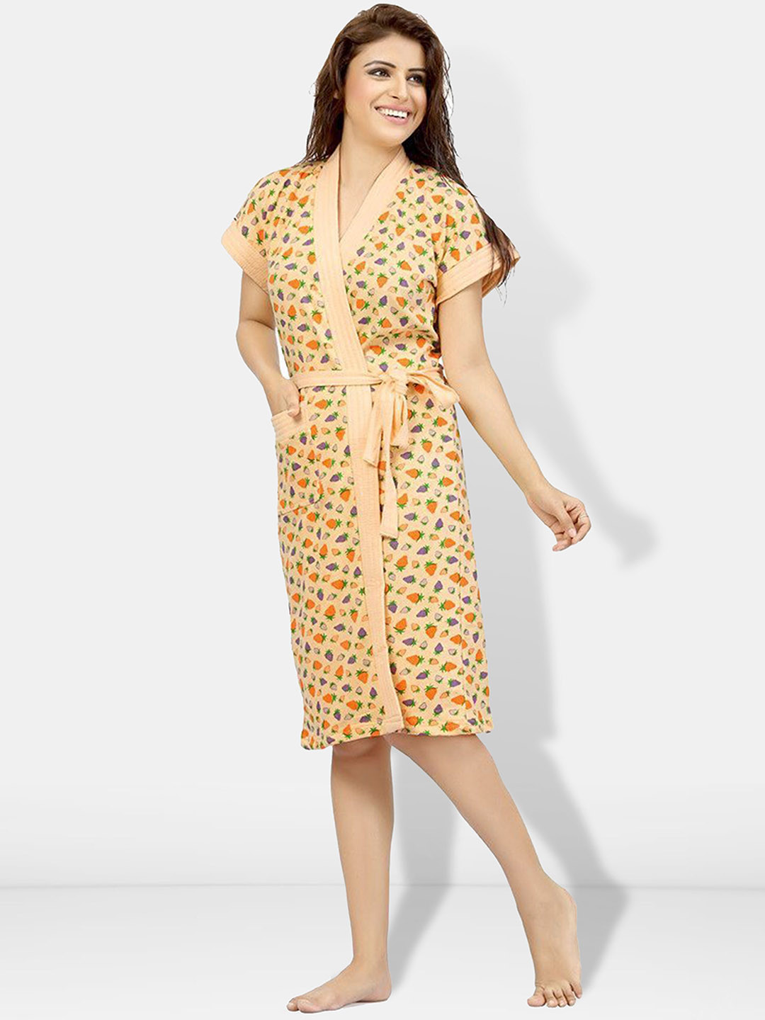 Be You Cream Conversational Cotton Drawstring Knee Length Bath Robe-L/XL