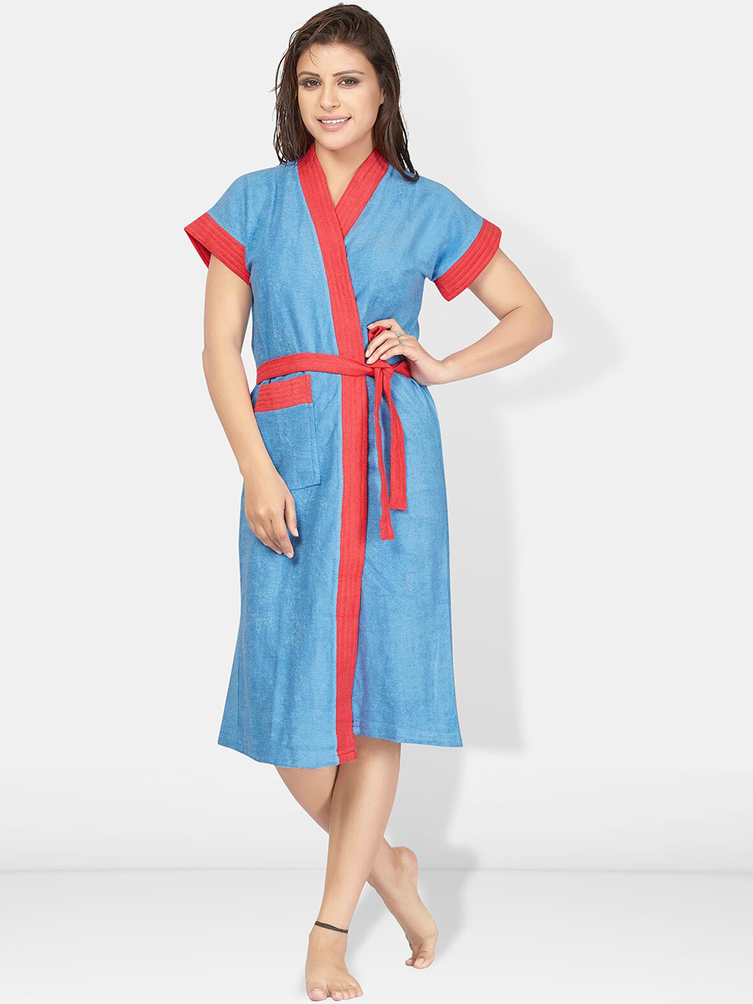 Be You Two-Tone Blue Solid Cotton Drawstring Knee Length Bath Robe-L/XL