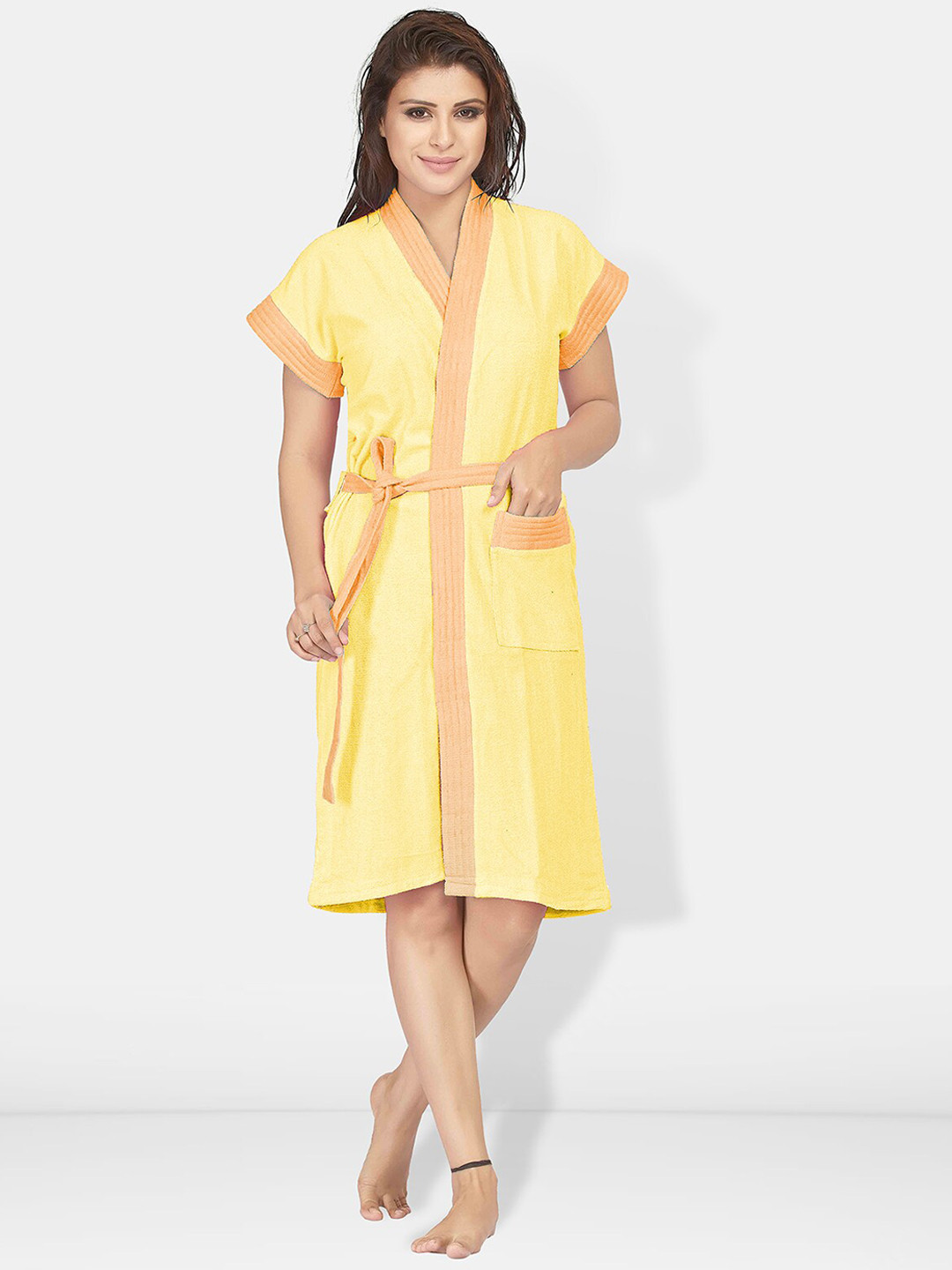 Be You Two-Tone Yellow Solid Cotton Drawstring Knee Length Bath Robe-L/XL