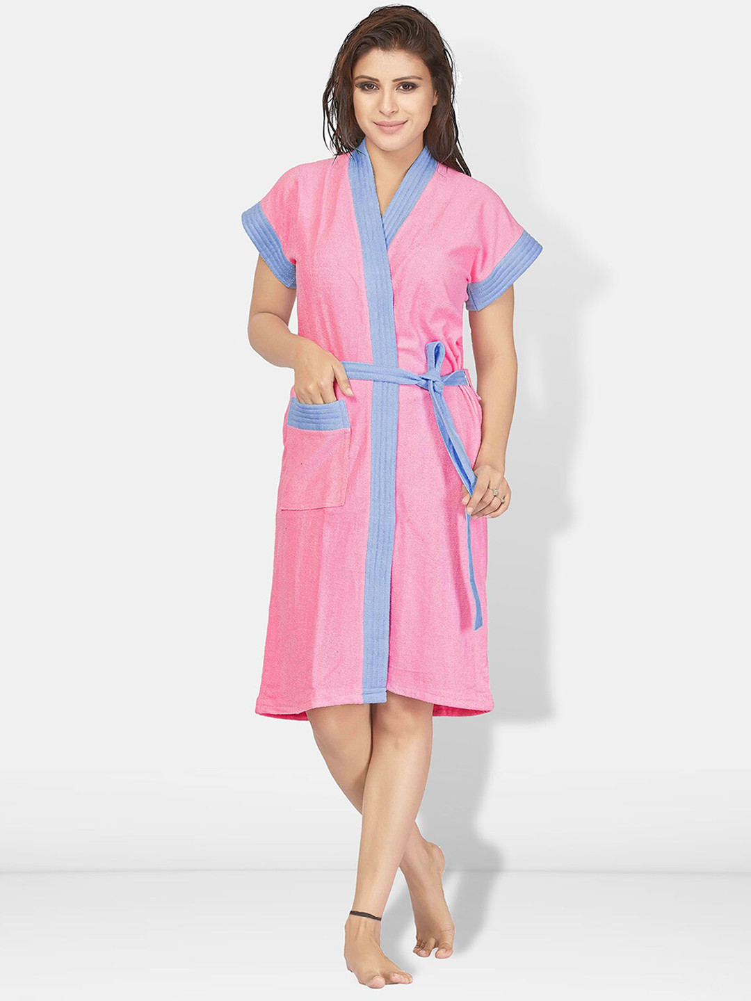 Be You Two-Tone Pink Solid Cotton Drawstring Knee Length Bath Robe-L/XL