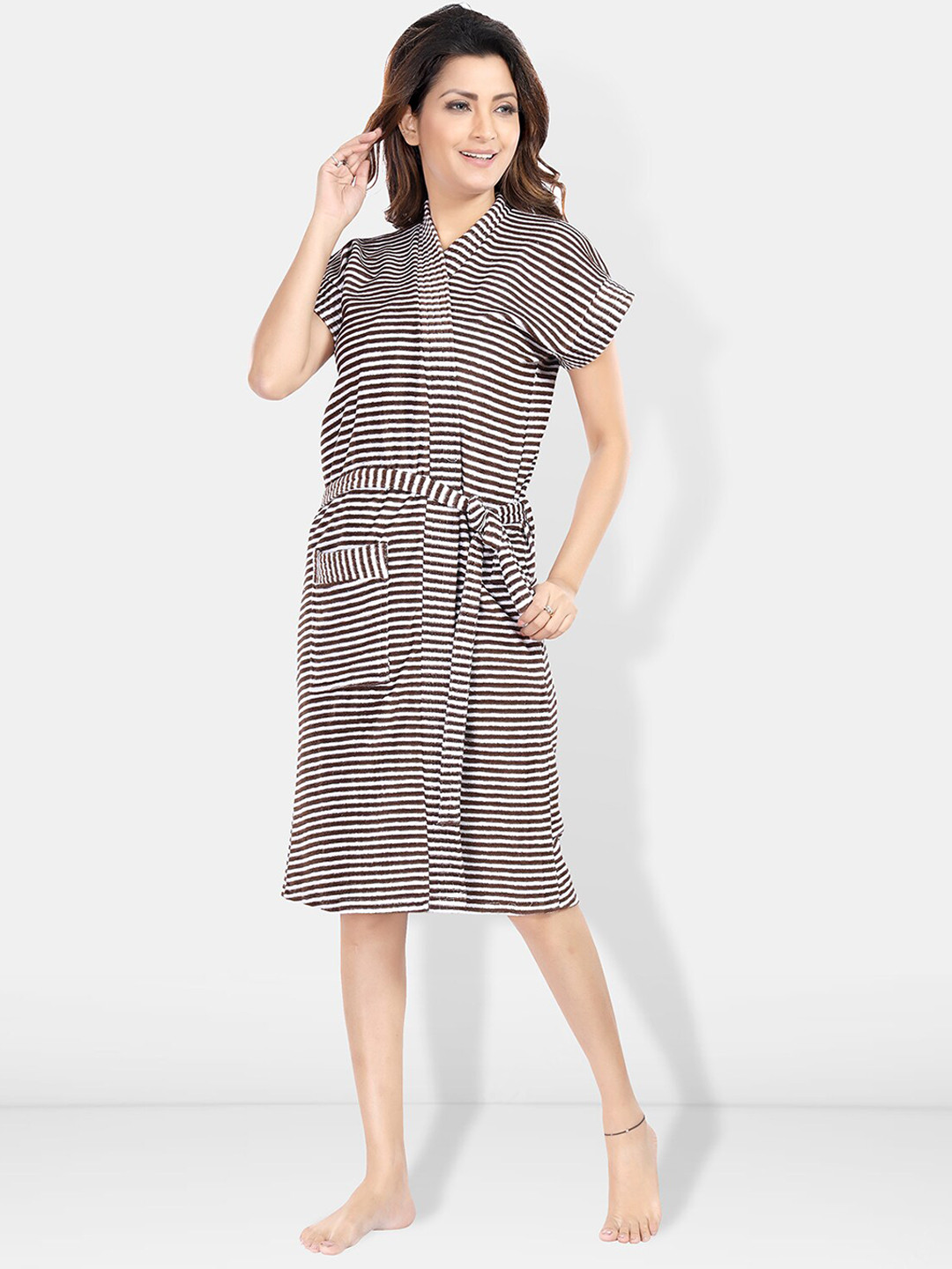 Be You Brown Striped Cotton Drawstring Knee Length Bath Robe-2XL