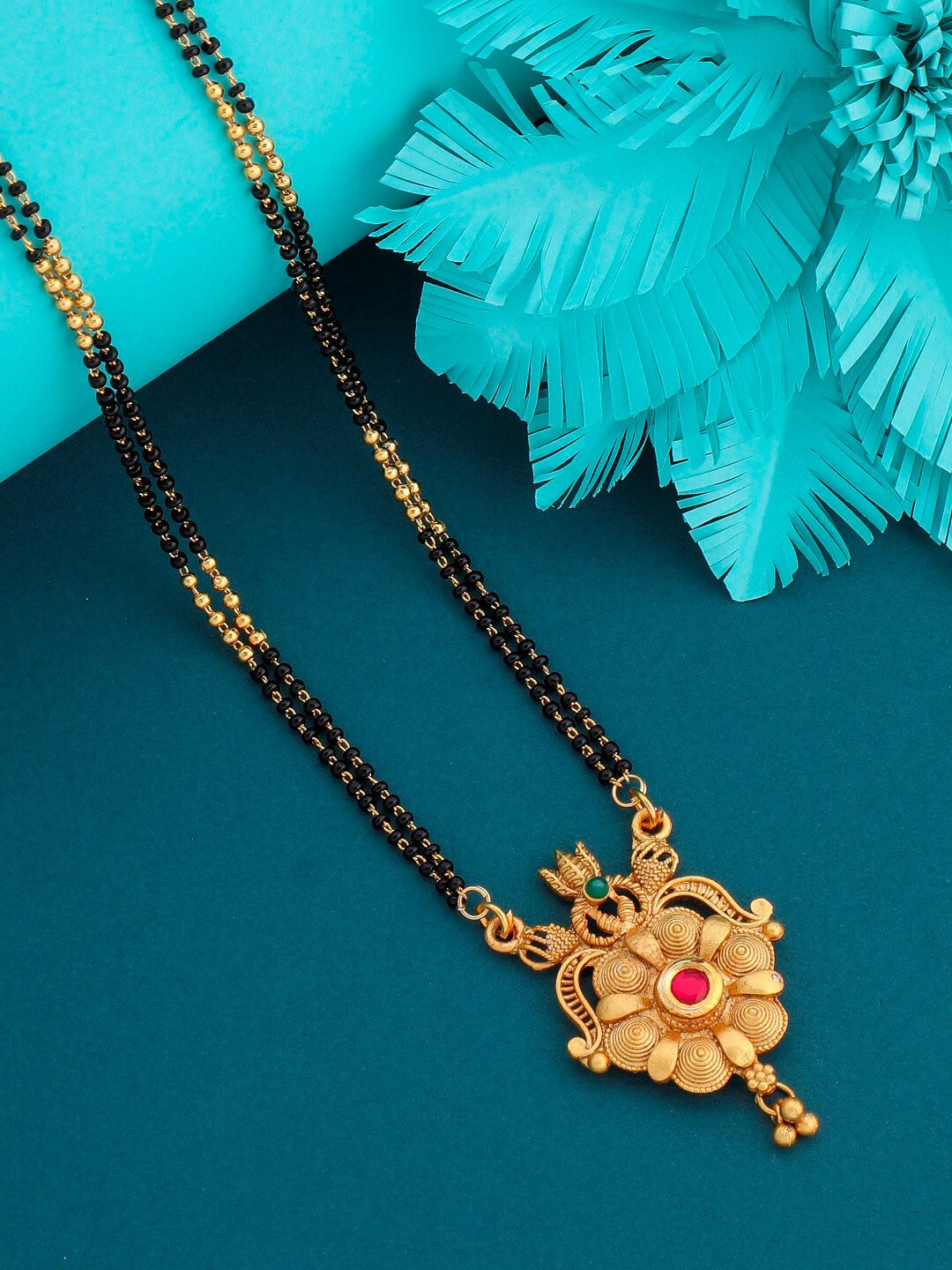 JEWEL WORLD Gold-Plated Stone-Studded & Beaded Mangalsutra