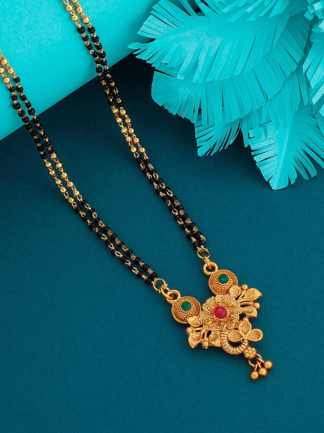 JEWEL WORLD Gold-Plated Stone-Studded & Beaded Mangalsutra