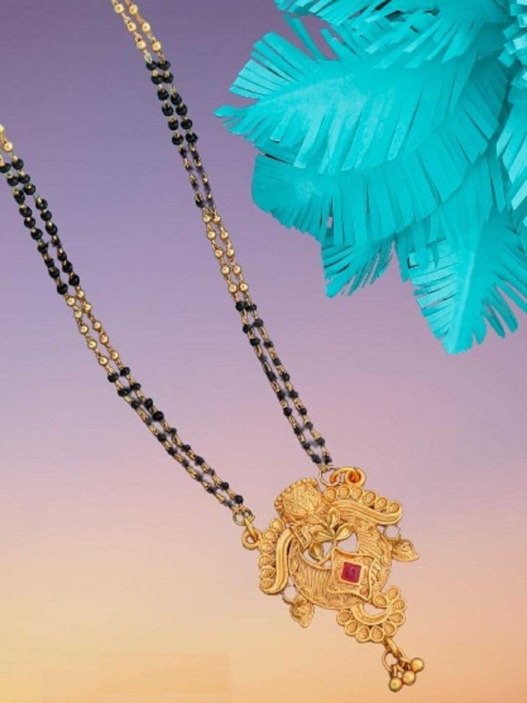 JEWEL WORLD Gold-Plated Stone-Studded & Beaded Mangalsutra