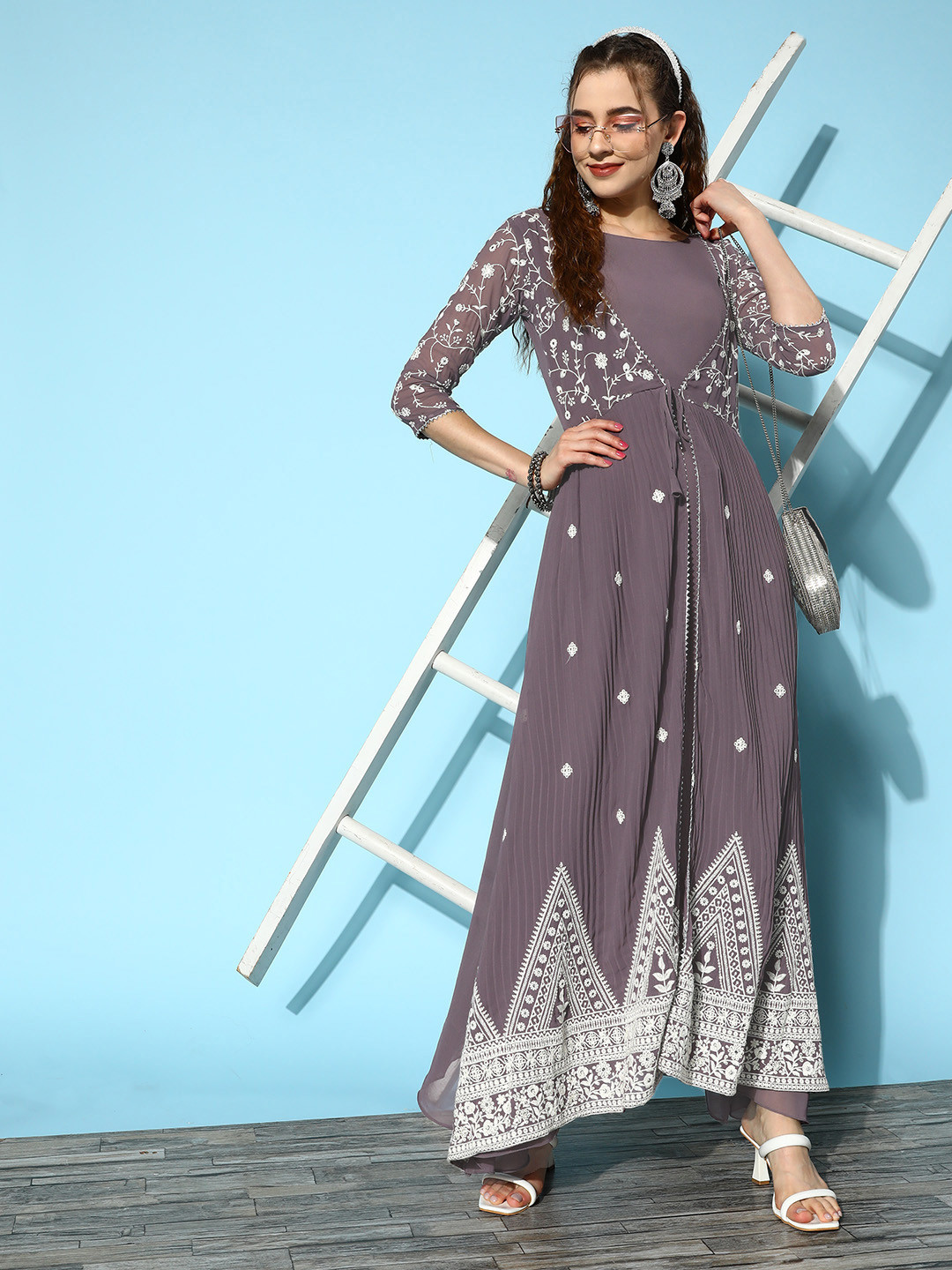 Kvsfab Floral Embroidered Georgette Maxi Dress