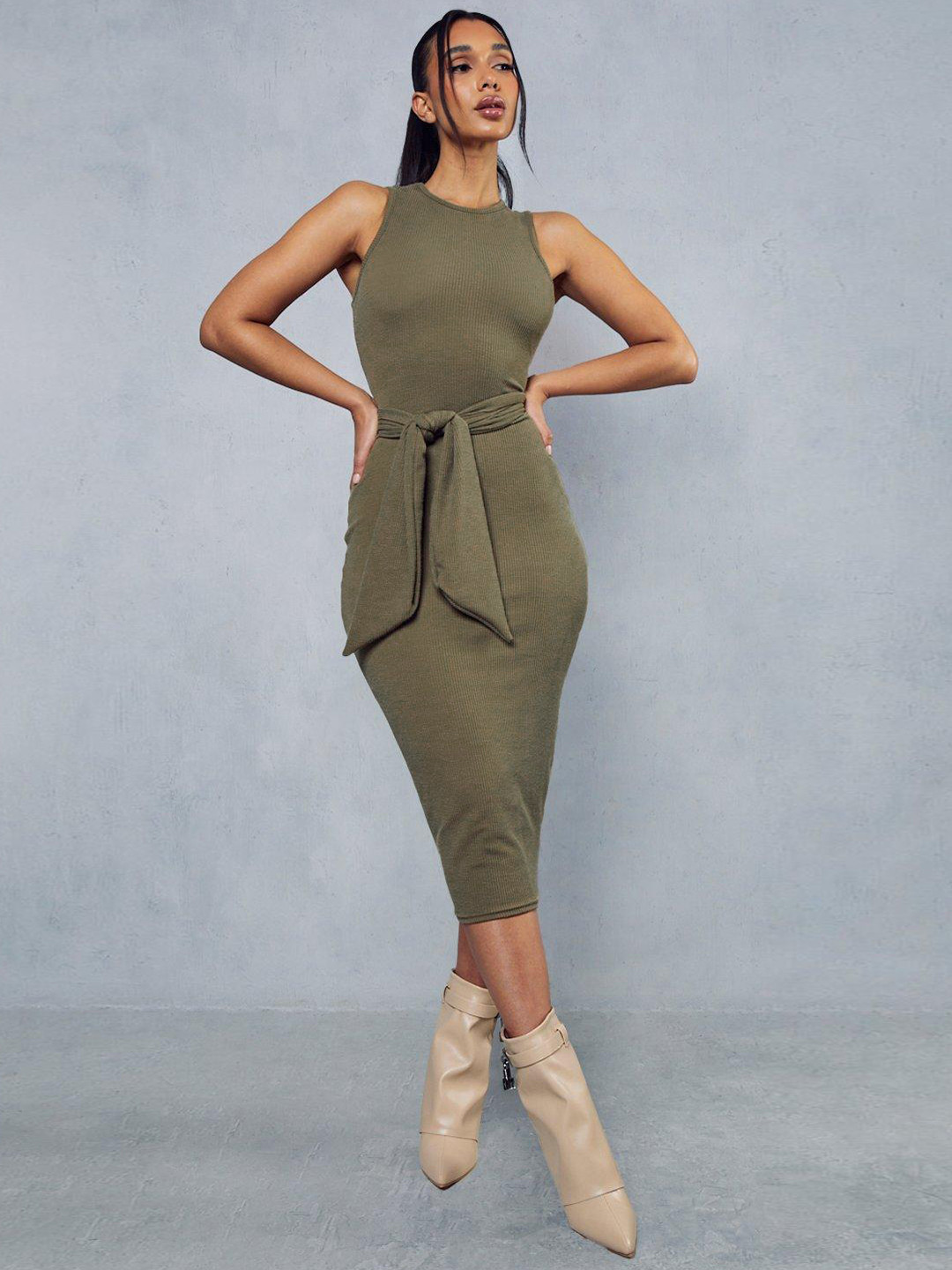 MISSPAP Ribbed Sheath Midi Dress with A Belt