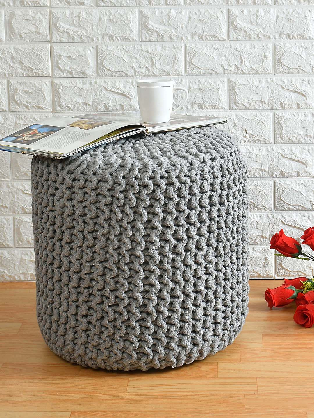 PRESTO Grey Knitted Cotton Pouffe