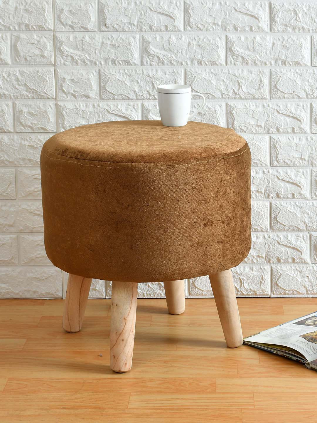 PRESTO Brown & Beige Round Ottomans With Wooden Legs