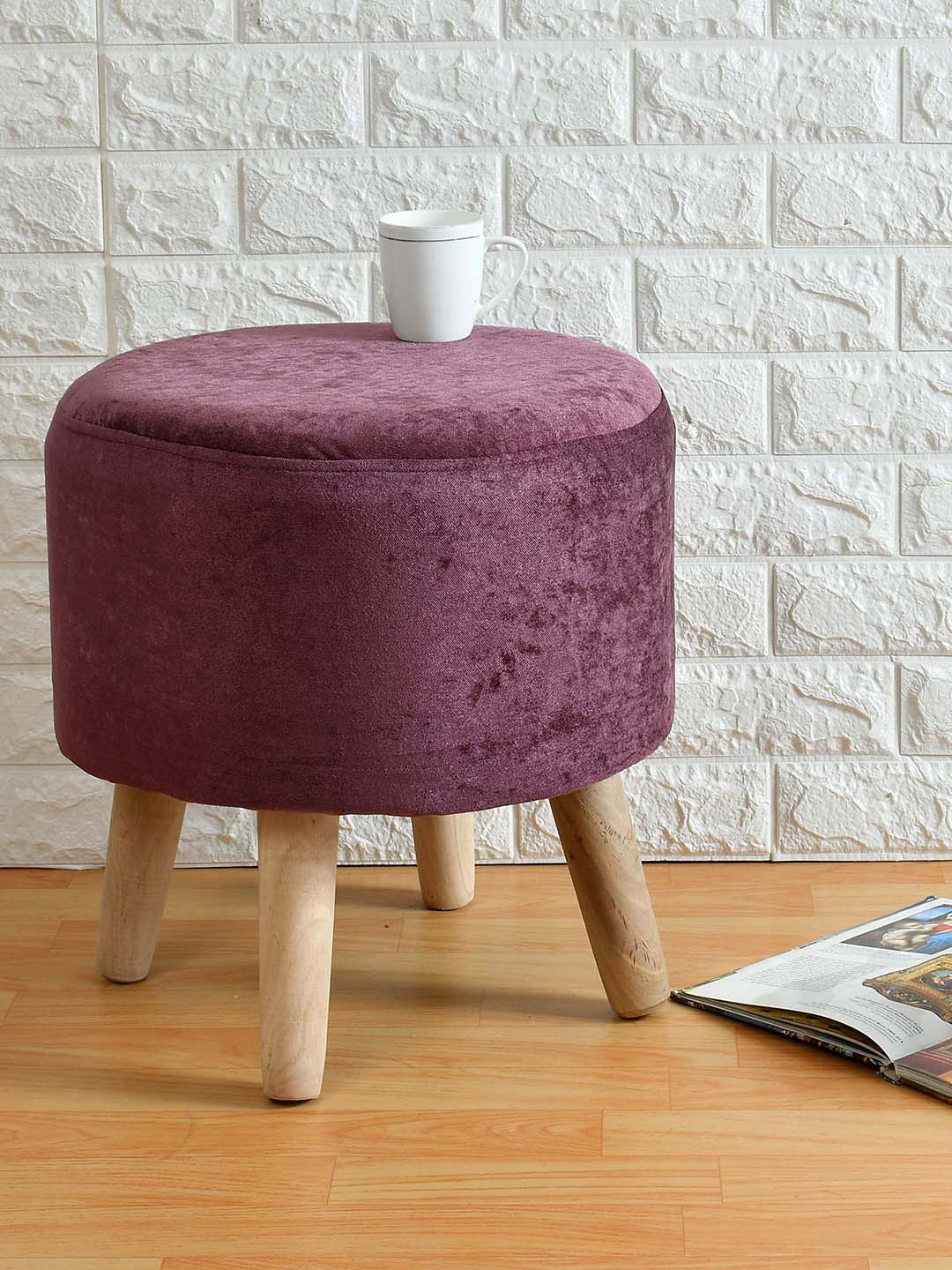 PRESTO Purple & Beige Wooden Stool Round Ottomans