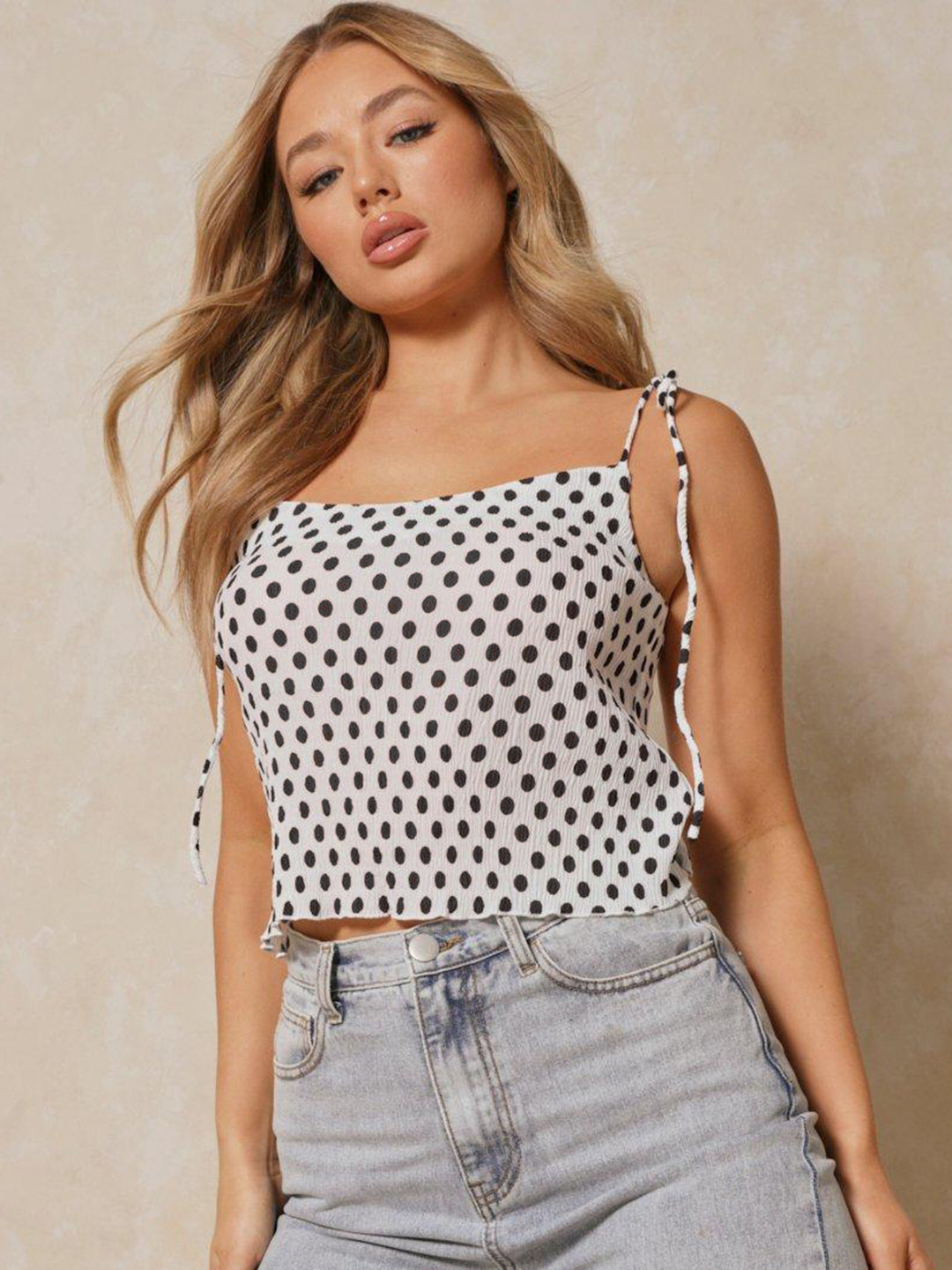 MISSPAP Polka Dot Printed Shoulder Straps Top