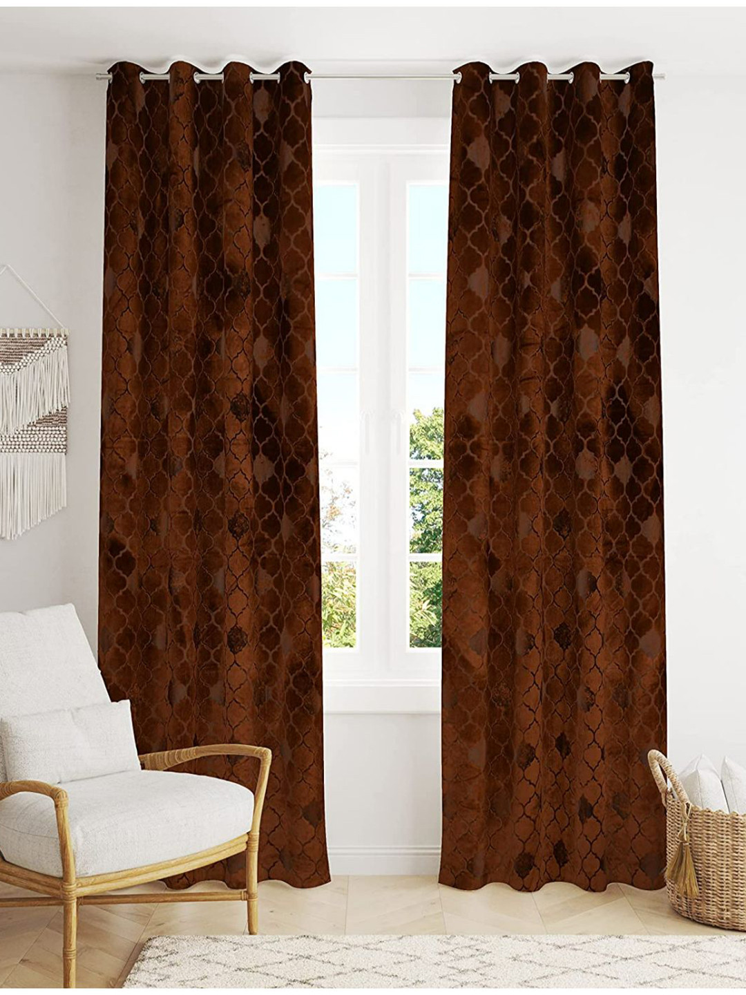 Bajo's Coffee Brown 2-Pieces Ethnic Motifs Velvet Long Door Curtains